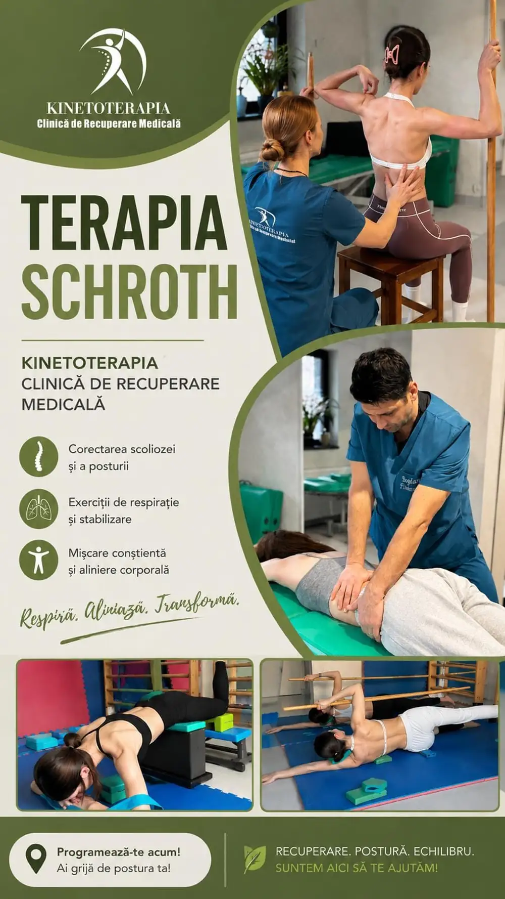 Afiș informativ despre Terapia Schroth la Clinica Kinetoterapia
