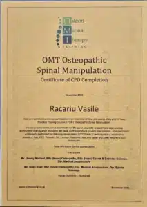 Certificat Racariu Bogdan – OMT Osteopathic Spinal Manipulation, 32 ore CPD, Osteon Manual Therapy Training, București 2015