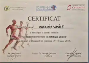 Certificat Racariu Bogdan – curs Lanțurile miofasciale în patologia clinică, Prima Școală de Osteopatie din România, București 2016