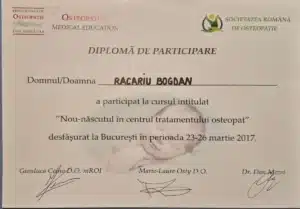 Diplomă de participare Racariu Bogdan – curs Nou-născutul în centrul tratamentului osteopat, București 2017