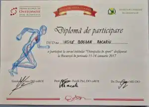 Diplomă de participare Racariu Bogdan – curs Osteopatia în sport, Prima Școală de Osteopatie din România, București 2017