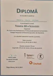 Diplomă Racariu Bogdan – curs Terapia 3D a scoliozei, SpineArt și Asociația Colegiul Național al Kinetoterapeuților din România, Târgu Mureș 2017