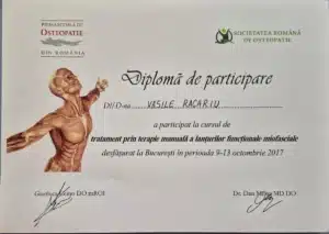 Diplomă de participare Racariu Bogdan – tratament prin terapie manuală a lanțurilor funcționale miofasciale, București 2017