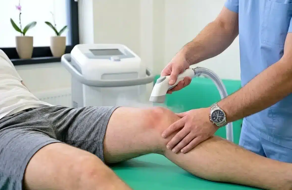 Crioterapie: jet rece aplicat pe genunchi cu aplicatorul aparatului, aparatul de crioterapie în fundal – Clinica Kinetoterapia Piatra-Neamț