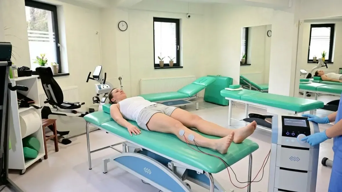 Curenți exponențiali: electrozi aplicați pe gambă, terapeutul reglează aparatul de electroterapie – Clinica Kinetoterapia Piatra-Neamț