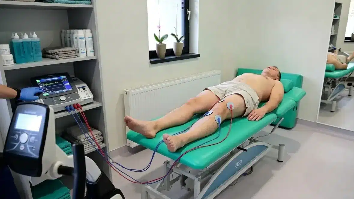 Curenți interferențiali: patru electrozi aplicați pe genunchi, conectați la aparatul de electroterapie – Clinica Kinetoterapia Piatra-Neamț
