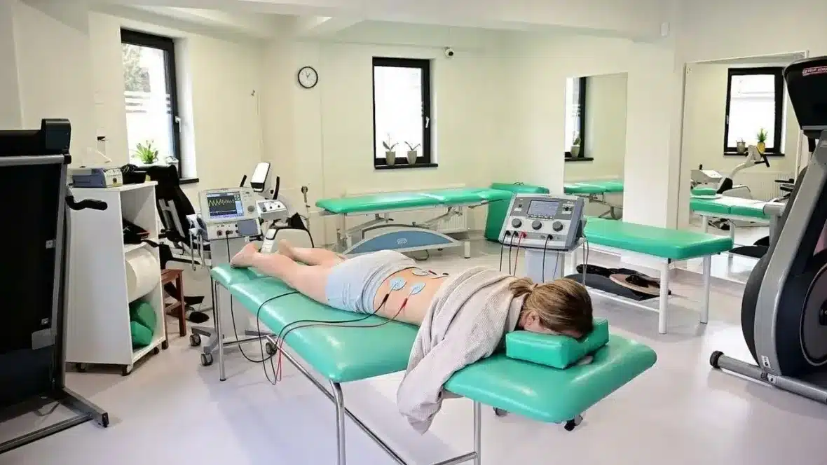 Curenți Trabert: electrozi aplicați în zona lombară, pacientă întinsă pe burtă pe masa de tratament – Clinica Kinetoterapia Piatra-Neamț