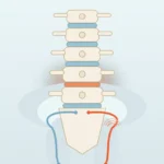 Ilustrație a coloanei lombare cu discul afectat evidențiat și traseul nervului sciatic pe un picior