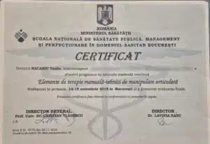 Certificat Racariu Bogdan – Elemente de terapie manuală, tehnici de manipulare articulară, Școala Națională de Sănătate Publică (Ministerul Sănătății), București 2015