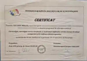 Certificat Racariu Mihaela – Cervicalgia, nevralgia cervico-brahială și sindromul defileului cervico-toraco-brahial, Federația Română a Asociațiilor de Kinetoterapie, București 2013