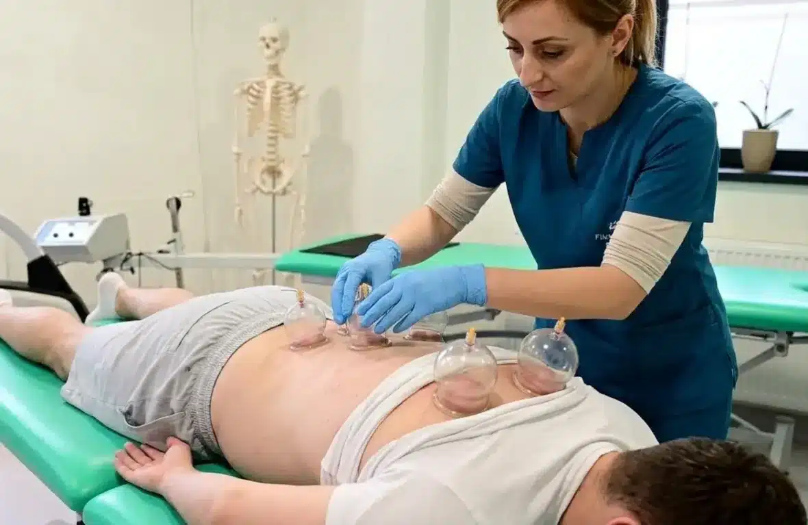 Terapie cu ventuze: terapeuta aplică ventuze transparente pe spatele pacientului întins pe masa de tratament – Clinica Kinetoterapia Piatra-Neamț